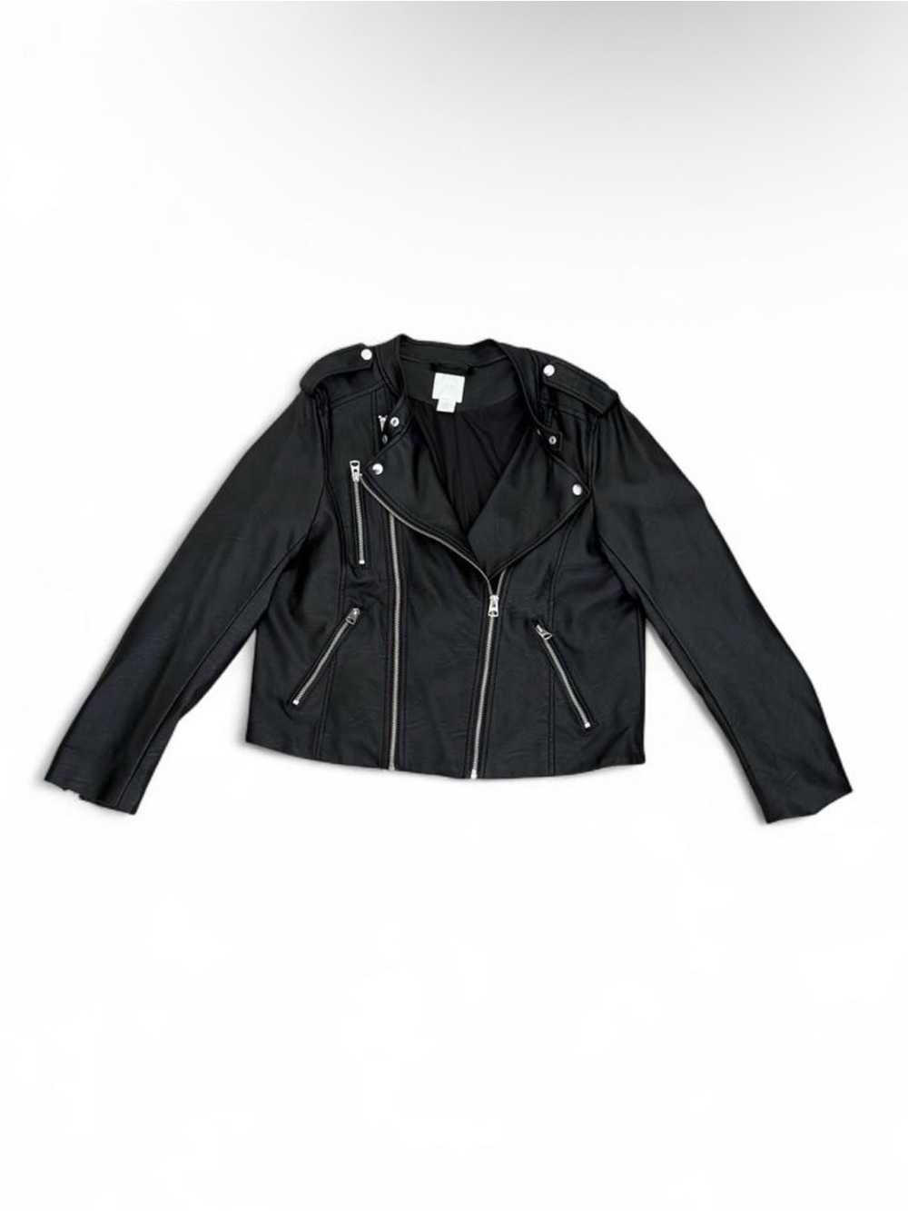 H&M Black Faux Leather Biker Jacket with Silver Zips